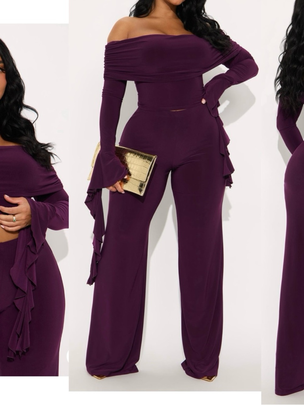 Off-Shoulder Ruffle Wide-Leg Jumpsuit - Plum